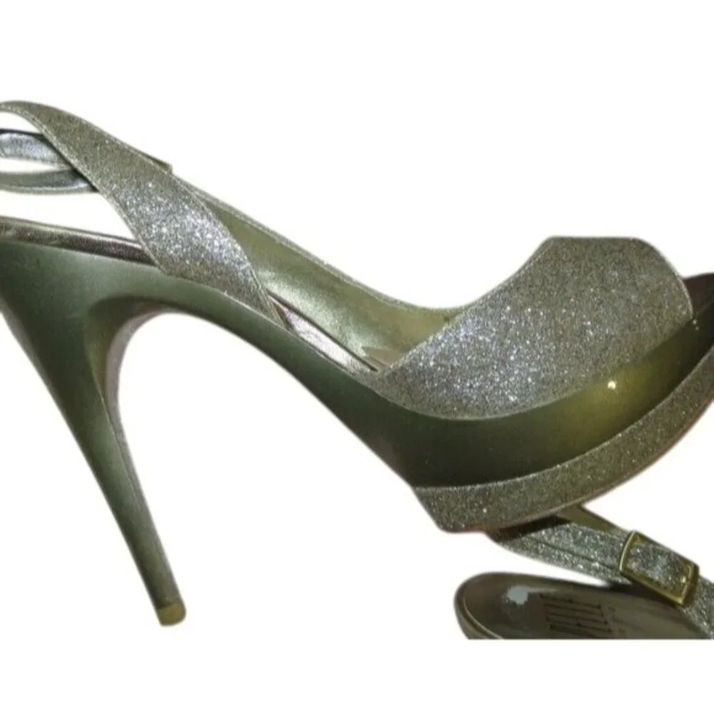 PELLE MODA Gleam Gold Glitter Slingback Pumps Heels size 8.5 Sexy Stilettos